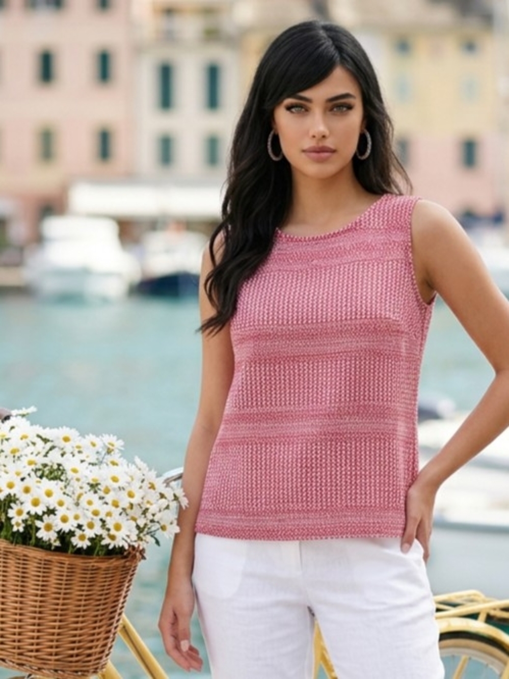 Banana Republic red/white knit sleeveless houndstooth jacquard Weave Button Bk L